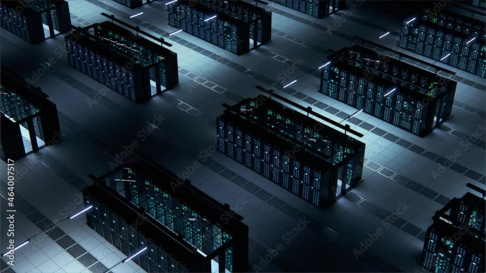 Poster Modern Data Technology Center Server Racks Working in Dark Facility. Concept of Internet of Things, Big Data Protection, Storage, Cryptocurrency Farm, Cloud Computing. 3D Panning Above Camera Shot.