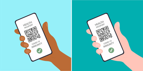 confirmation of vaccination in the phone by white and black hands.