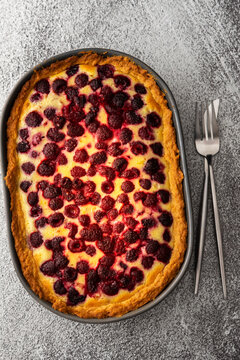 Raspberry Pie With Curd Filling In An Oval Shape, Top View