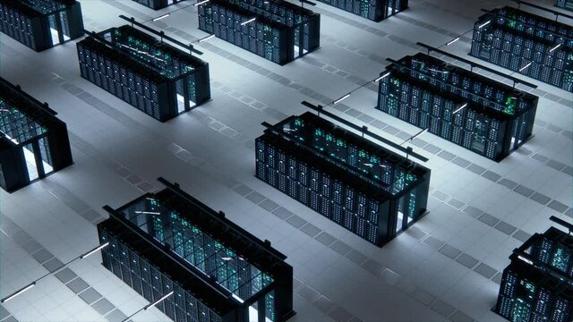 Modern Data Technology Center Server Racks Working in Well-Lighted Room. Concept of Internet of Things, Big Data Protection, Storage, Cryptocurrency Farm, Cloud Computing. 3D Above Camera Shot.