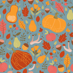 Seamless autumn pattern. Pumpkins, berries, leaves and fruits