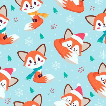 Winter foxes seamless pattern background vector illustration. Cute Christmas fox pattern. © Farosofa