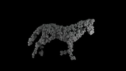 Horse made of fluffy clouds running, seamless loop, against black