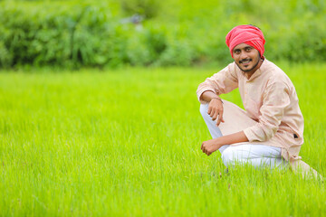 Obraz premium Young indian farmer at green onion agriculture field.