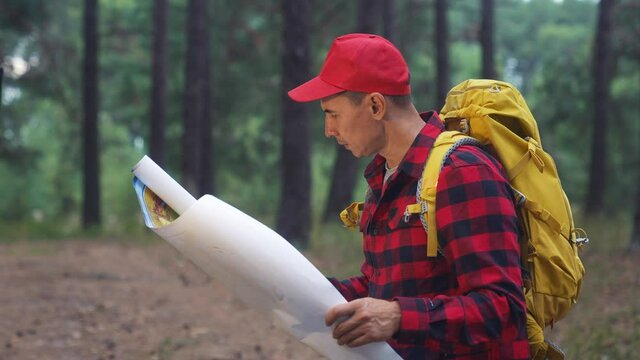 man tourist search route map. hiker with a backpack stands in the woods holding a paper map. adventure travel navigation concept. tourist in a red cap in lifestyle a travel forest with a backpack