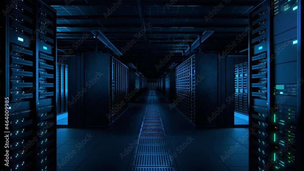 Poster Modern Data Technology Center Server Racks Working in Dark Facility. Concept of Internet of Things, Big Data Protection, Storage, Cryptocurrency Farm, Cloud Computing. 3D Moving Back Camera Shot.