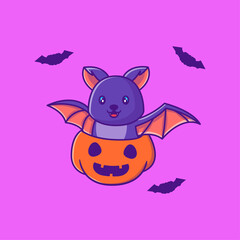 Cute bat with pumpkin happy halloween cartoon illustrations