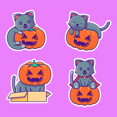 Halloween cute cat and pumpkin stickers collection