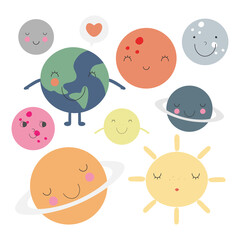 Colorful space elements set with  solar system planets in cartoon style isolated vector illustration. Funny planets with eyes and mouths. It can be used as a training poster, banner, book illustration