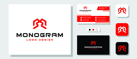 Initial Letter M Masculine Geometric Strong Red Monogram Logo Design with Layout Template Business Card