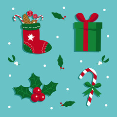 Set of Christmas elements isolated on a blue background. Gifts and toys, socks, candies, berries. Vector illustration