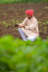Naklejka na ściany i meble Indian farmer holding black soil in hand at agriculture field.