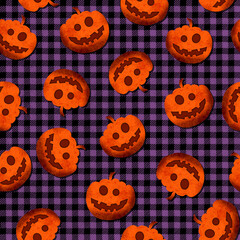 Cute Pumpkins Pattern Halloween Theme Design Plaid Geometric Background Trendy Fashion Bright Colors Perfect for Fabric or Wrapping Paper Print