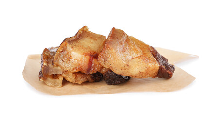 Tasty fried cracklings on white background. Cooked pork lard