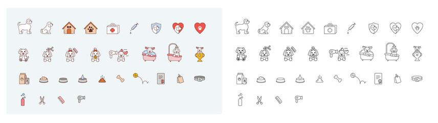 Cute dog grooming icon set. Set of a funny and pastel outline icons. 