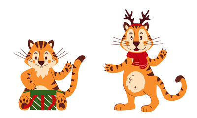 Set of cute tigers. For congratulations, cards, posters. Cartoon vector illustration symbol of Chinese 2022.