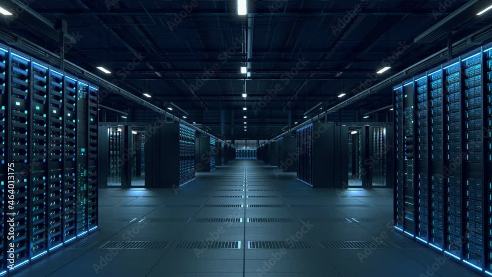 Leinwandbilder Modern Data Technology Center Server Racks Working in Dark Facility. Concept of Internet of Things, Big Data Protection, Storage, Cryptocurrency Farm, Cloud Computing. 3D Moving Forward Camera Shot.