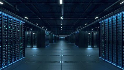 Modern Data Technology Center Server Racks Working in Dark Facility. Concept of Internet of Things, Big Data Protection, Storage, Cryptocurrency Farm, Cloud Computing. 3D Moving Forward Camera Shot. - Powered by Adobe