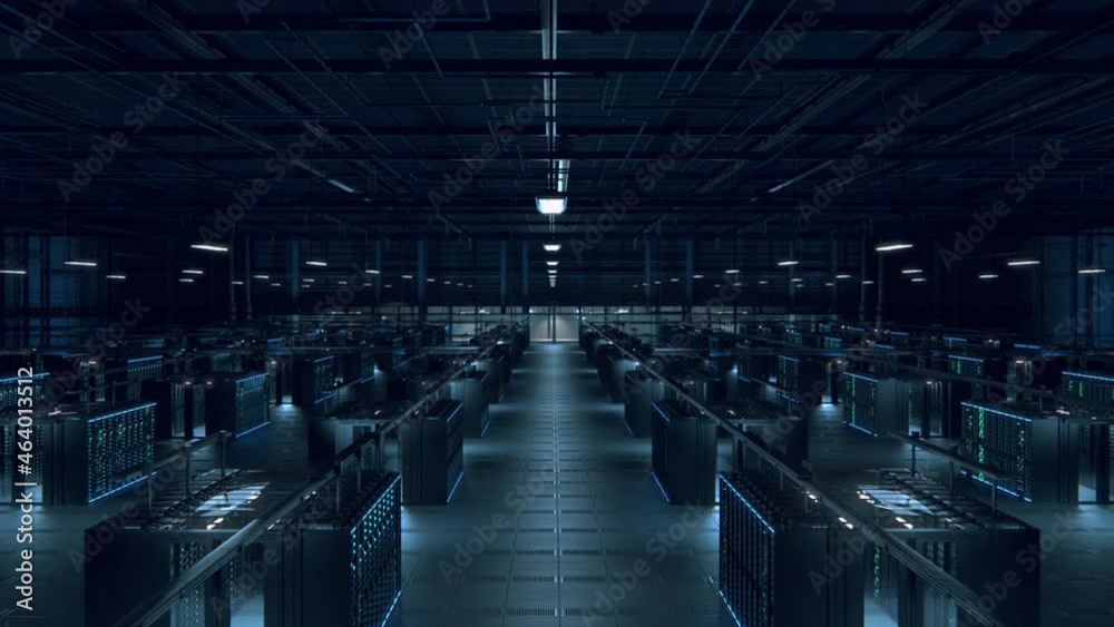 Poster Modern Data Technology Center Server Racks Working in Dark Facility. Concept of Internet of Things, Big Data Protection, Storage, Cryptocurrency Farm, Cloud Computing. 3D Moving Forward Camera Shot.