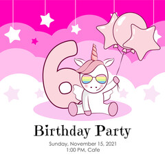 Birthday invitation with cute unicorn and pink balloons. Ready to use and editable template. An invitation for children and adults. Sixth year of birth. 