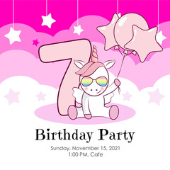 Birthday invitation with cute unicorn and pink balloons. Ready to use and editable template. An invitation for children and adults. Seventh year of birth. 
