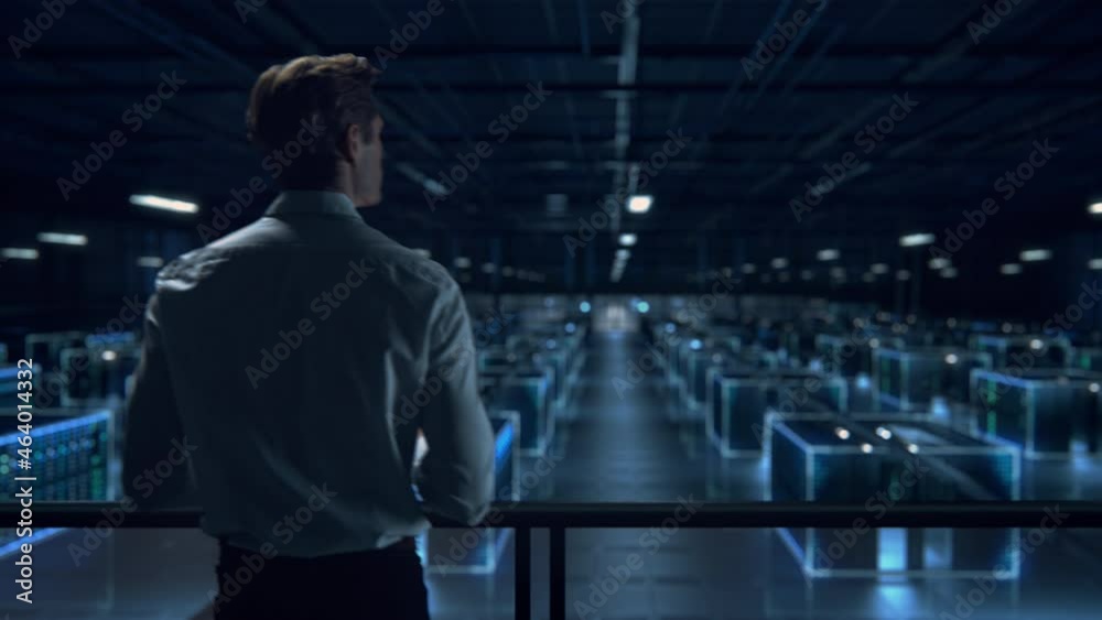 Leinwandbilder Successful Data Center IT Specialist Using Tablet Computer. Turning Augmented VFX Visualization on Server Farm Cloud Computing Facility. System Engineer Working for Cyber Data Security Company.
