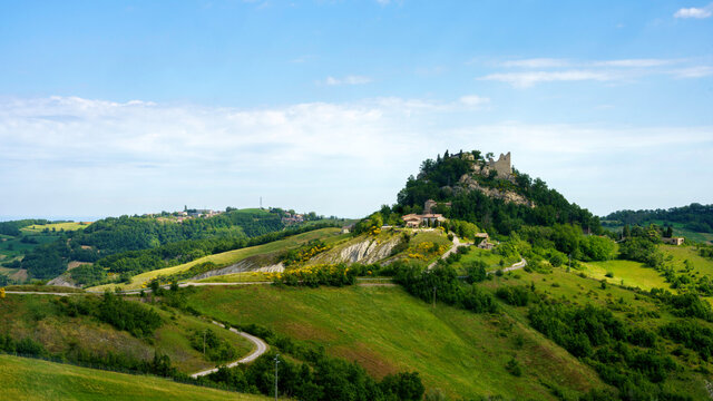 Rural landscape near San Polo and Canossa, Emilia-Romagna. Castle
