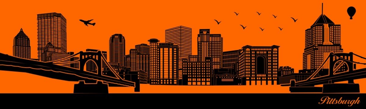Vector city skyline silhouette - illustration, 
Town in orange background, 
Pittsburgh Pennsylvania