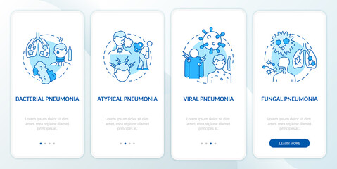 Fototapeta na wymiar Pneumonia classification onboarding mobile app page screen. Bacteria and virus walkthrough 4 steps graphic instructions with concepts. UI, UX, GUI vector template with linear color illustrations