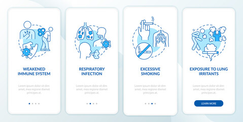 Fototapeta na wymiar Factors leading to pneumonia onboarding mobile app page screen. Weak immunity walkthrough 4 steps graphic instructions with concepts. UI, UX, GUI vector template with linear color illustrations