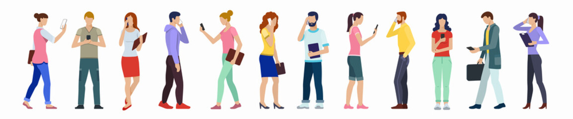 Set of people using smartphones. Collection of flat male and female characters with phones.