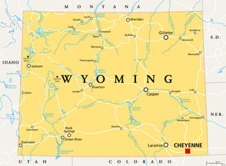 Wyoming, WY, political map, with the capital Cheyenne. State in the Mountain West subregion of the Western United States of America, nicknamed Equality State, Cowboy State and Big Wyoming. Vector. - obrazy, fototapety, plakaty