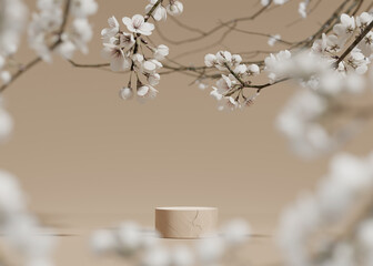 3D background, beige podium. Round display, sakura white flower tree branch. Cosmetic or beauty product promotion step stone floral pedestal. Abstract minimal advertise. 3D render copy space template © kopikoo