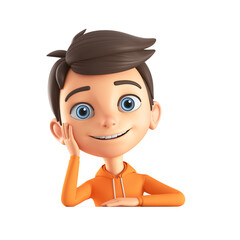 Cartoon character boy in orange sweatshirt leaned against a blank board. 3d render illustration.