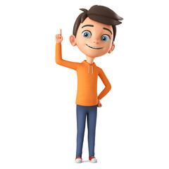 Cartoon character boy in orange sweatshirt points his finger up. 3d render illustration.