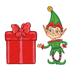 elf character with a christmas gift vector  illustration isolated on white background