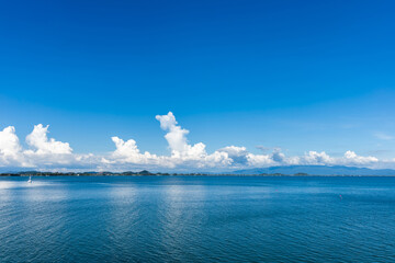 Beautiful landscape with boats and sea , view seascape bay with mountains . 