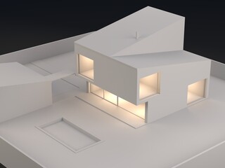 3d rendering of residential building.  An architectural model with interior ligths in white colors and black background.  Modern design scandinavian house with copy space. Project model of a house. 