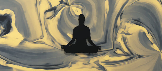Man in a yoga pose on an abstract background. Gray and yellow. Artistic work