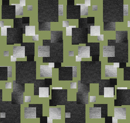 Squares - abstract geometric seamless pattern with a collage of pencil textured elements on a green (khaki) background.