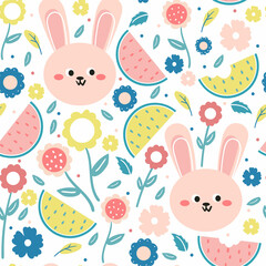 Seamless pattern with cute cartoon bunny and plant for fabric print, textile, gift wrapping paper. colorful vector for textile, flat style