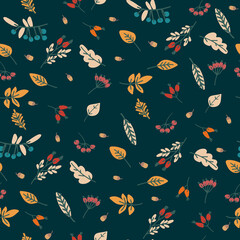 Seamless pattern with berries and leaves on dark background. Autumn concept. For textile, surface design and other design projects