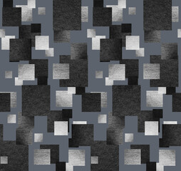 Squares - abstract geometric seamless pattern with a collage of pencil textured elements on a gray-blue background.