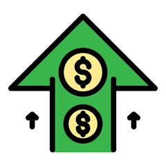Money up arrow icon. Outline money up arrow vector icon color flat isolated