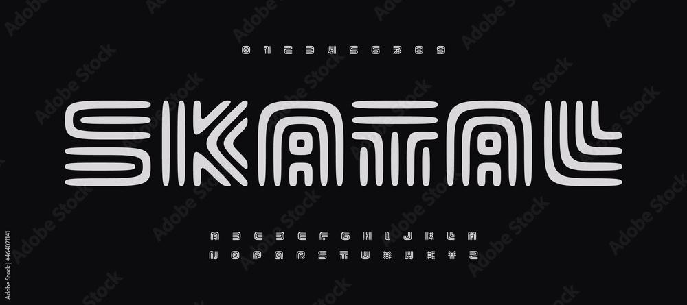 Poster ancient cave font alphabet letters runic typography. geometric typographic design. hand drawn maze l