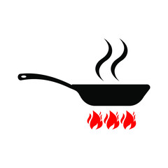 Black frying pan on red fire on white background, vector illustration