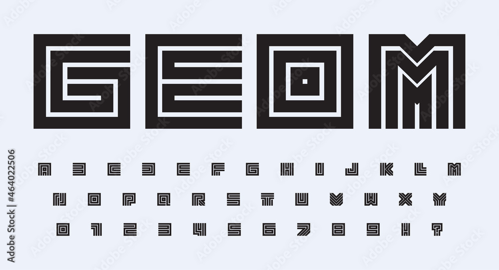 Poster square geometric alphabet, bold contours square letters and numbers set. lines road and maze styliza
