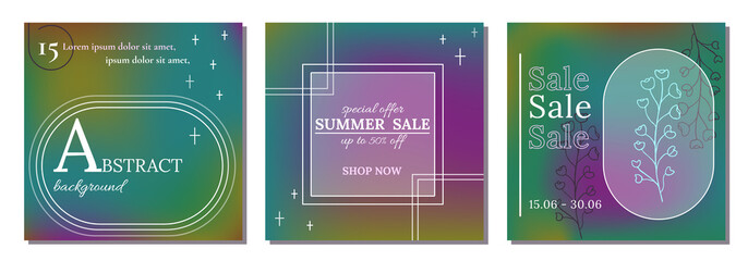 Editable social media frames, post templates. Gradient Aesthetic, elegant vibrant background. Futuristic vibe. Layout for business: sale, shop, follow. For fashion shops, brand, online coach.Set of 3