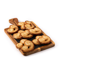 Palmier puff pastry isolated on white background. Copy space