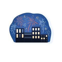 New Year or Christmas holiday night in city. Building window lighting, building with firework sparlking and bursting in sky sticker. Vacation time vector illustration. Greeting card design element